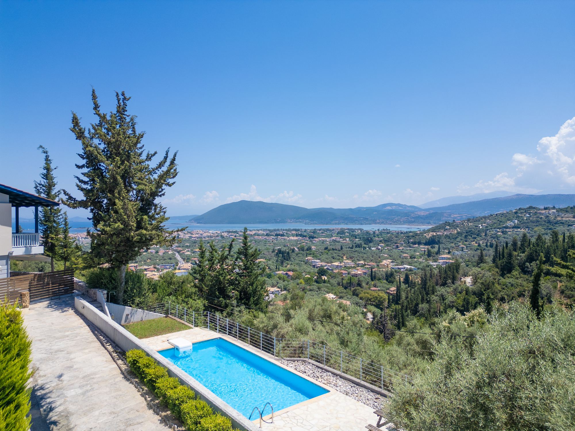 Aerial view of Lefkas Thea Villa pool overlooking Lefkada Town